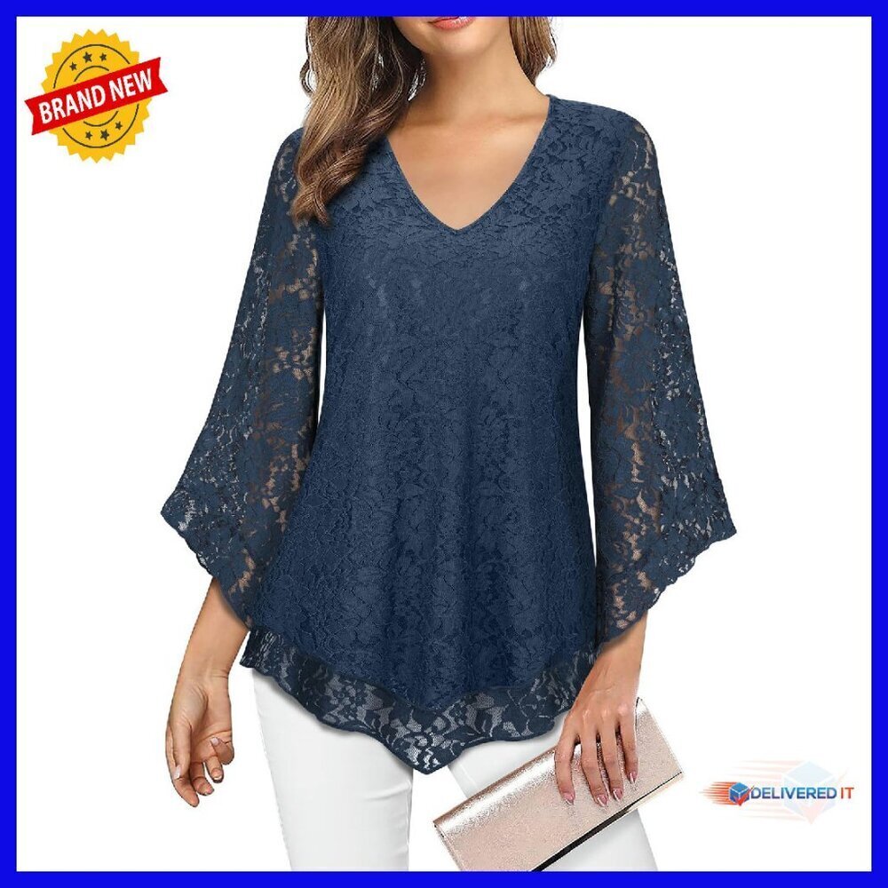Flowy Mesh Tunic Top with 3/4 Flared Sleeves, V-Neck, Double Layer